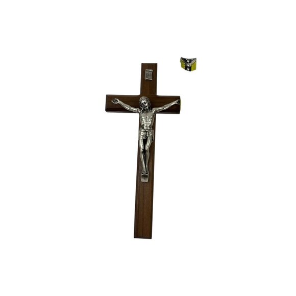 Mcvan Walnut Wood Wall Crucifix Cross 10" Beveled Edges Silvertone Corpus USA - Picture 3 of 7